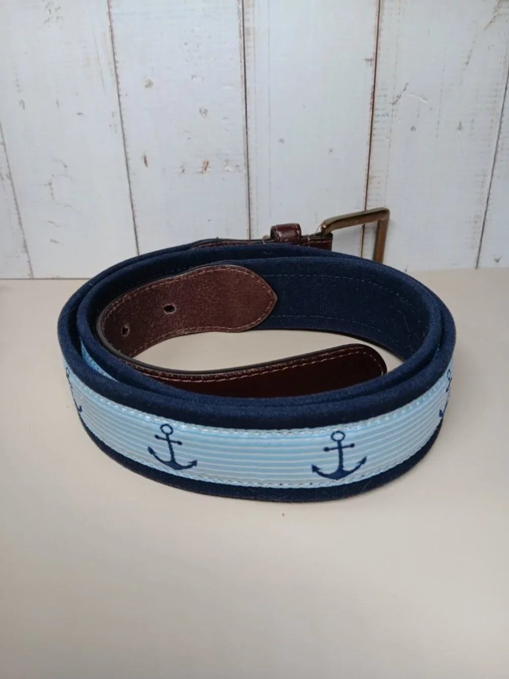Preppy Belt with Nautical Anchors Canvas & Leather 34